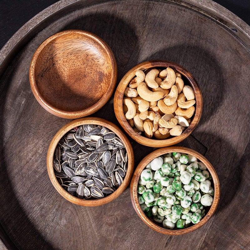 Home Essentials & Beyond Home Essentials Natural Acacia Wooden Bowls Hand-Carved Calabash Small Dip Tray Bowl S/4 Ideal for Appetizers, Dips, Sauce, Nuts, Candy, Olives, Seeds, Desserts and More. Small (Round) - Image 5